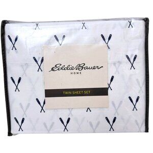 Eddie Bauer Twin Sheet Set Navy Blue Oars Nautical Print 100% Cotton Percale NWT